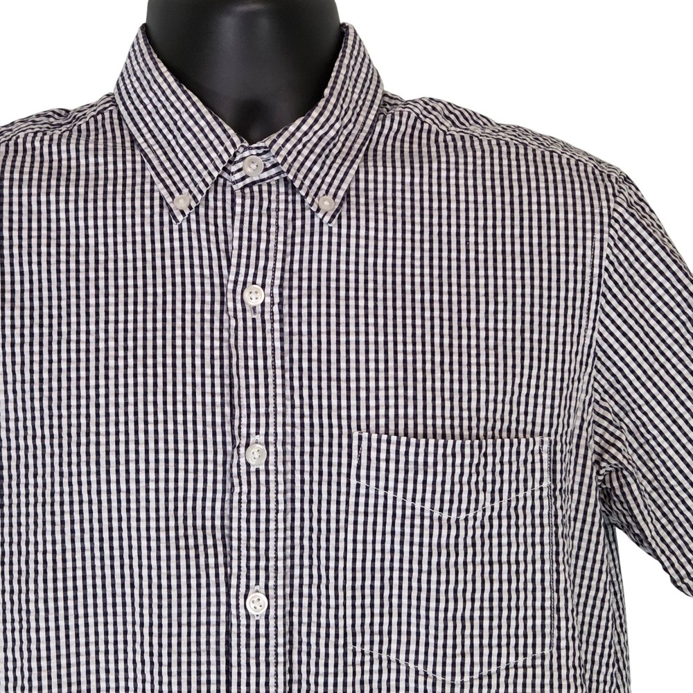 Club Room Seersucker Blue Gingham Shirt Short Sleeve Button‎ Up Top Mens Medium